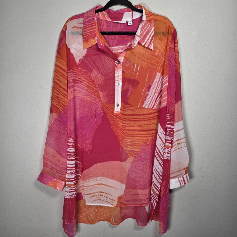Susan Graver Womens 24W Pink Sheer Chiffon Shirt Coastal Resort Sunset Coastal